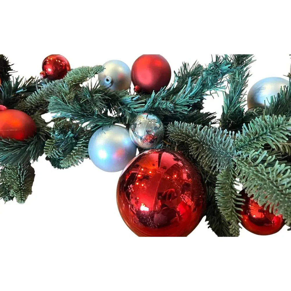 Pottery Barn Christmas Pine Garland Green with Ornament Balls Red Silver 4.5'